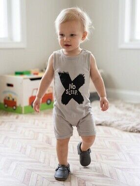 ​Kids "No Sleep" Graphic Romper Boy Girl Neutral Beige Sunsuit Bodysuit 18-24M
